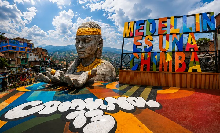 Mirador de la Comuna 13: una escultura, un letrero de letras de colores y el nombre del barrio pintado en el suelo.