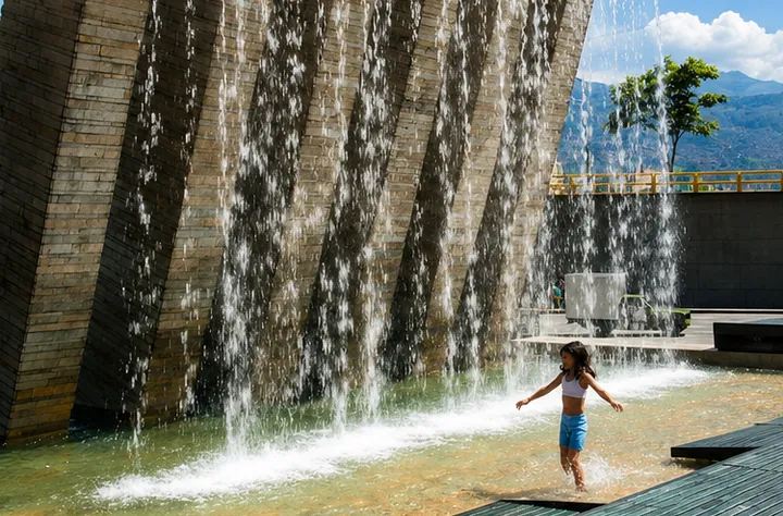 Cortina de agua en el Parque de los Pies Descalzos, con una niña caminando bajo el chorro.