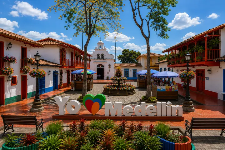 Réplica de un pueblo antioqueño en el Pueblito Paisa, con sus casas blancas y la iglesia sobre el cerro.