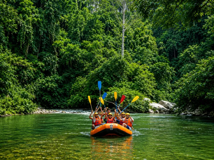 Grupo en balsa levantando los remos sobre las aguas verdes del río.